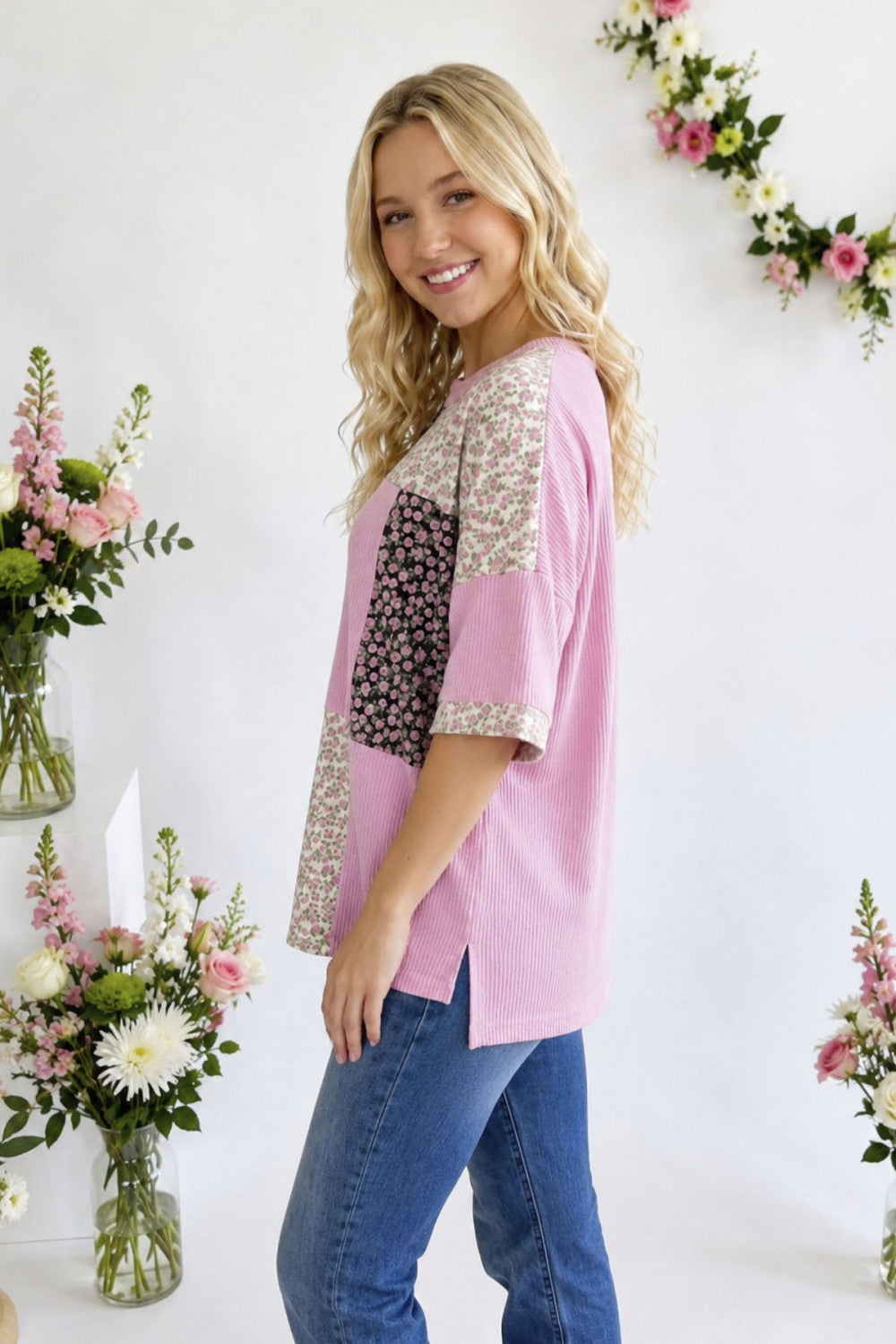 7th Ray Floral Patchwork Short Sleeve Top