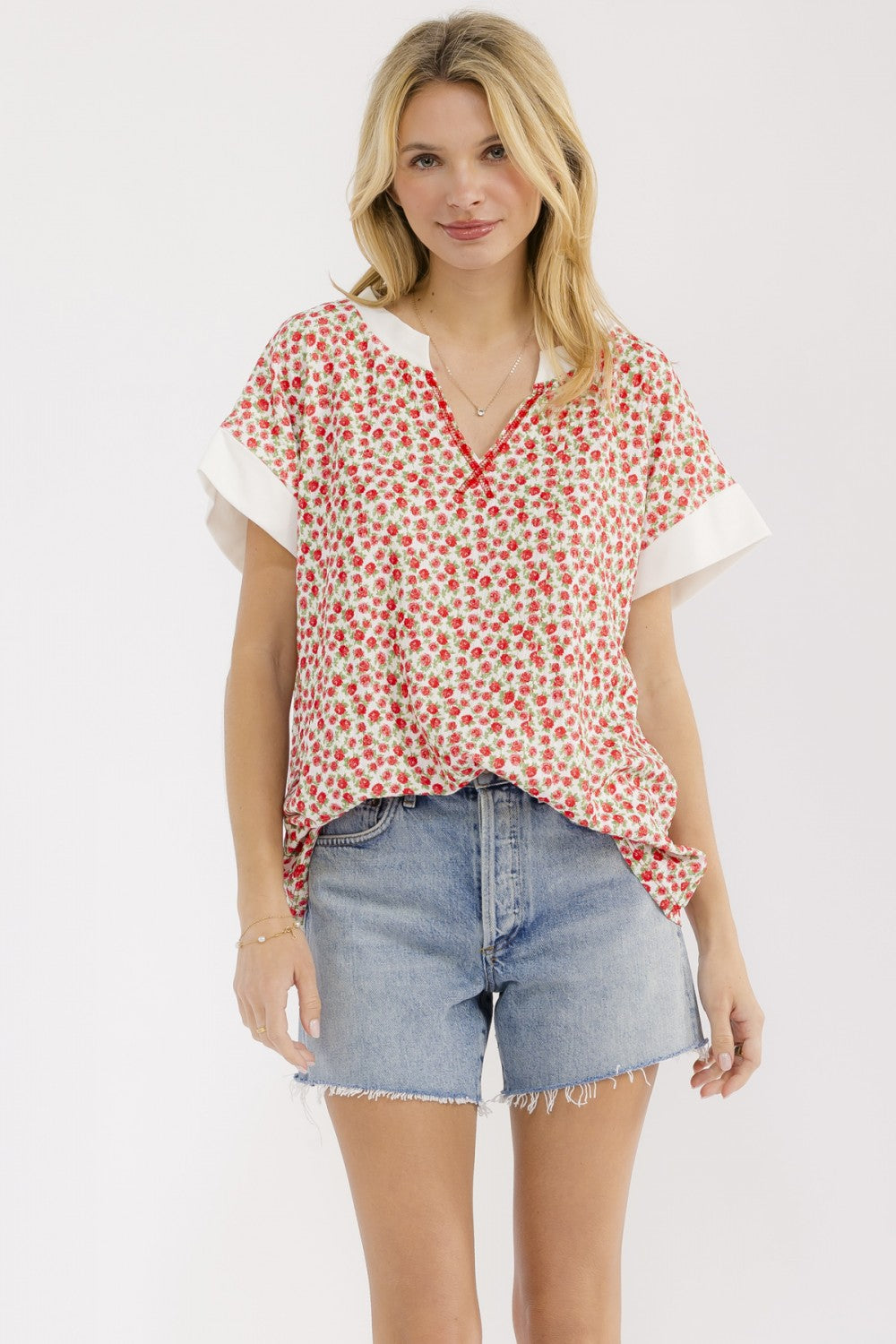 7th Ray Floral Split Neck Short Sleeve Top
