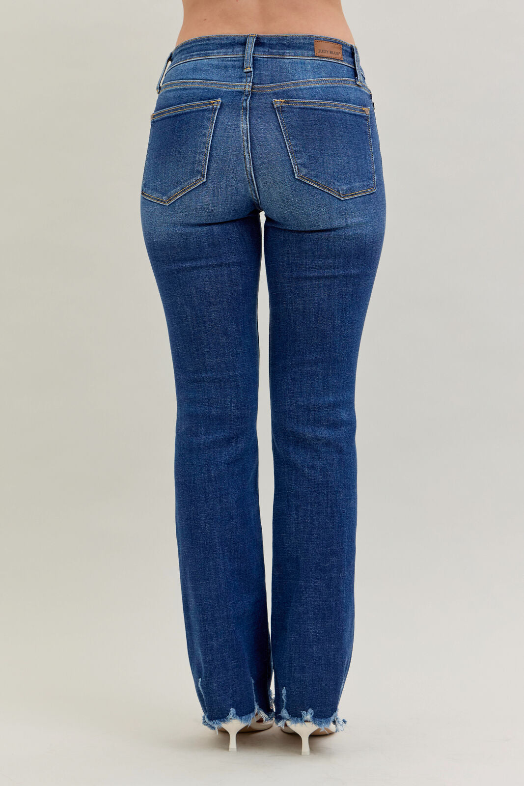 Judy Blue Mid Rise Distressed Hem Dark Wash Bootcut Jean