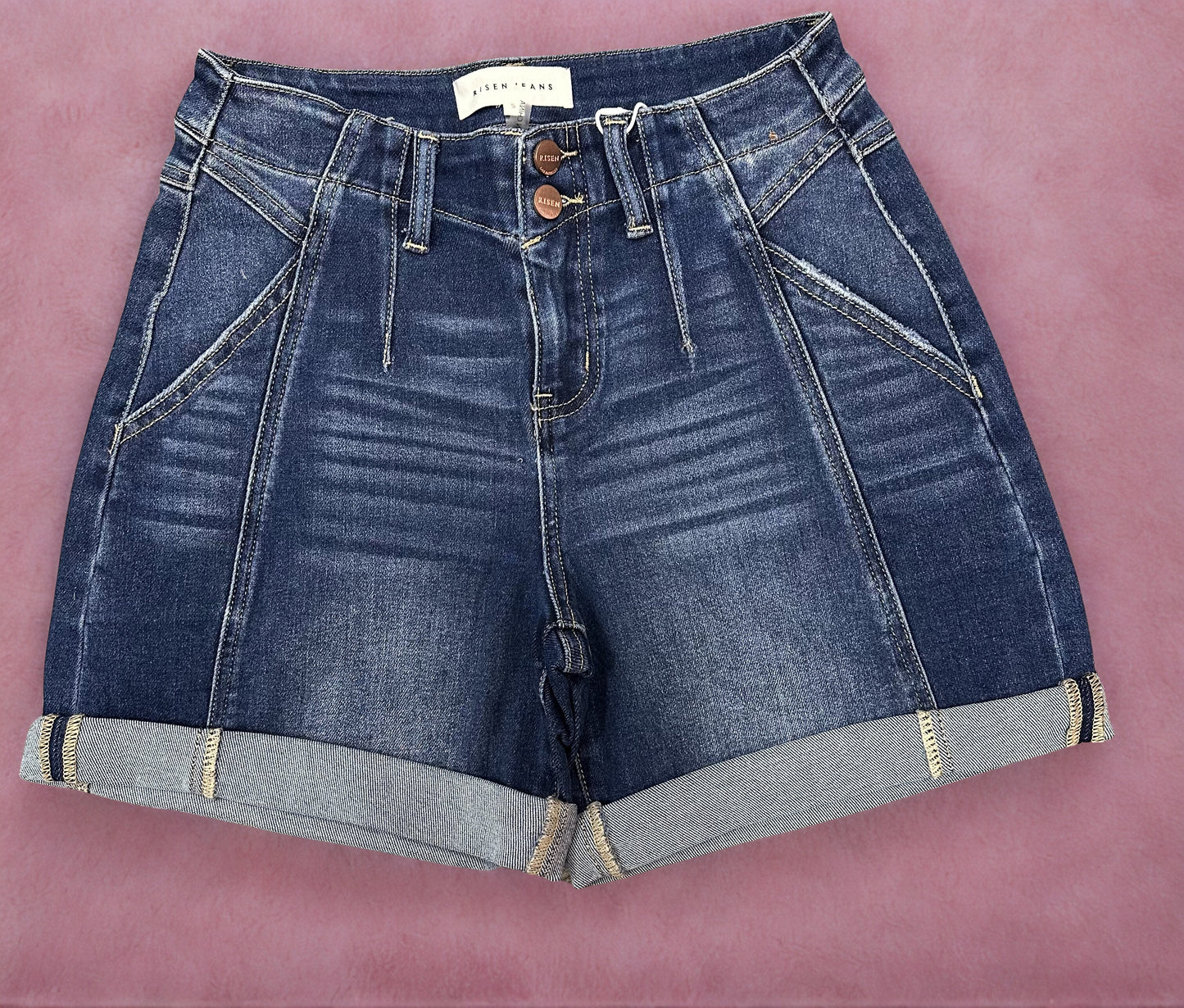 Risen High Rise Seamed Front Seam Roll Up Shorts