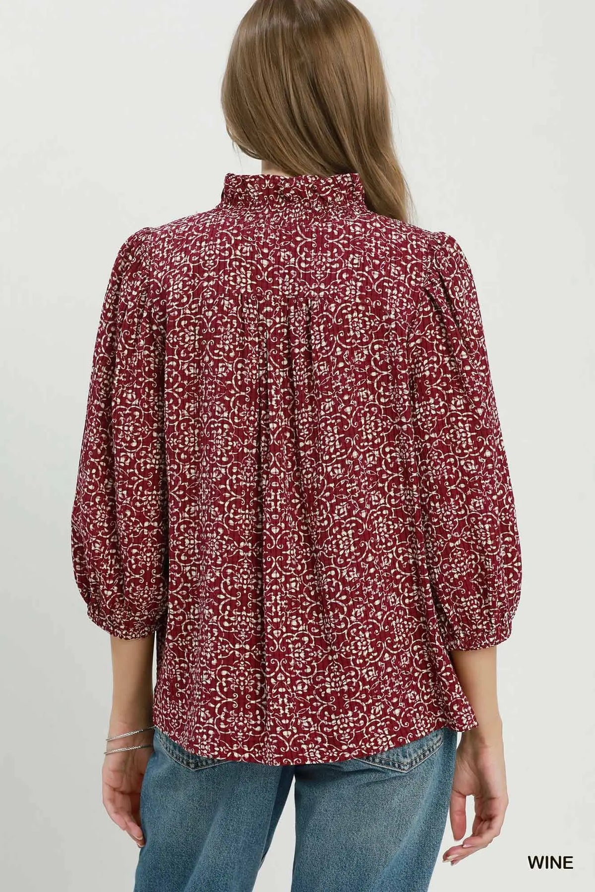 Umgee Floral Print Ruffle Detail Button Down