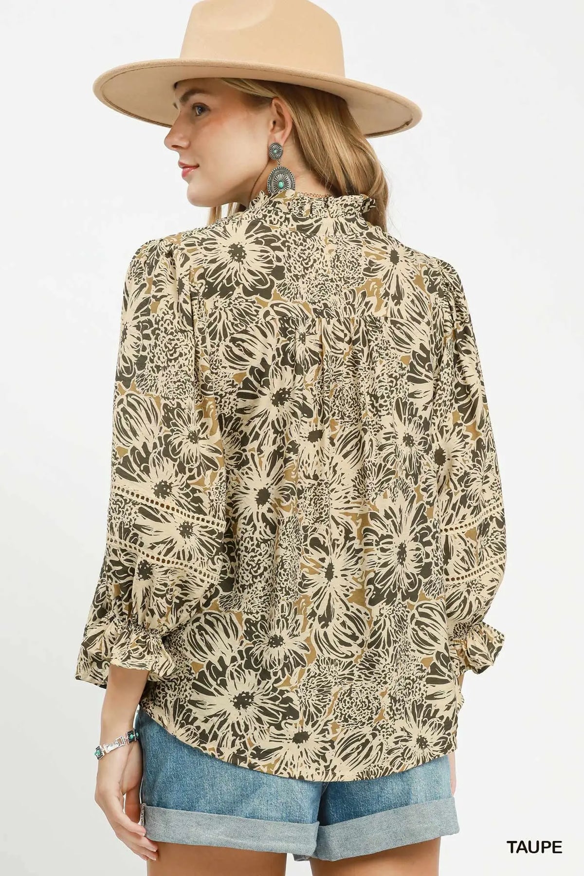 Umgee Floral Print Lace Trim Button Down Top