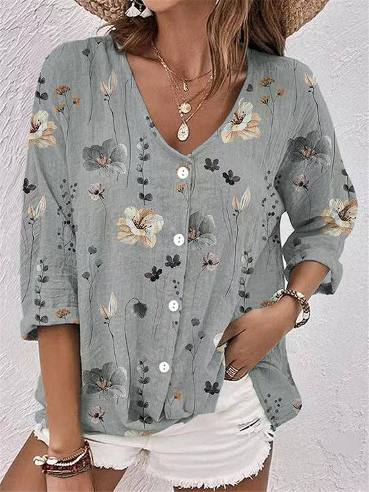 Long Sleeves Loose Buttoned Flower Print V-Neck Blouses