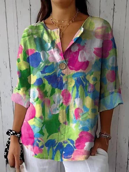 Colorful Floral V-Neck 3/4-Sleeve Blouse