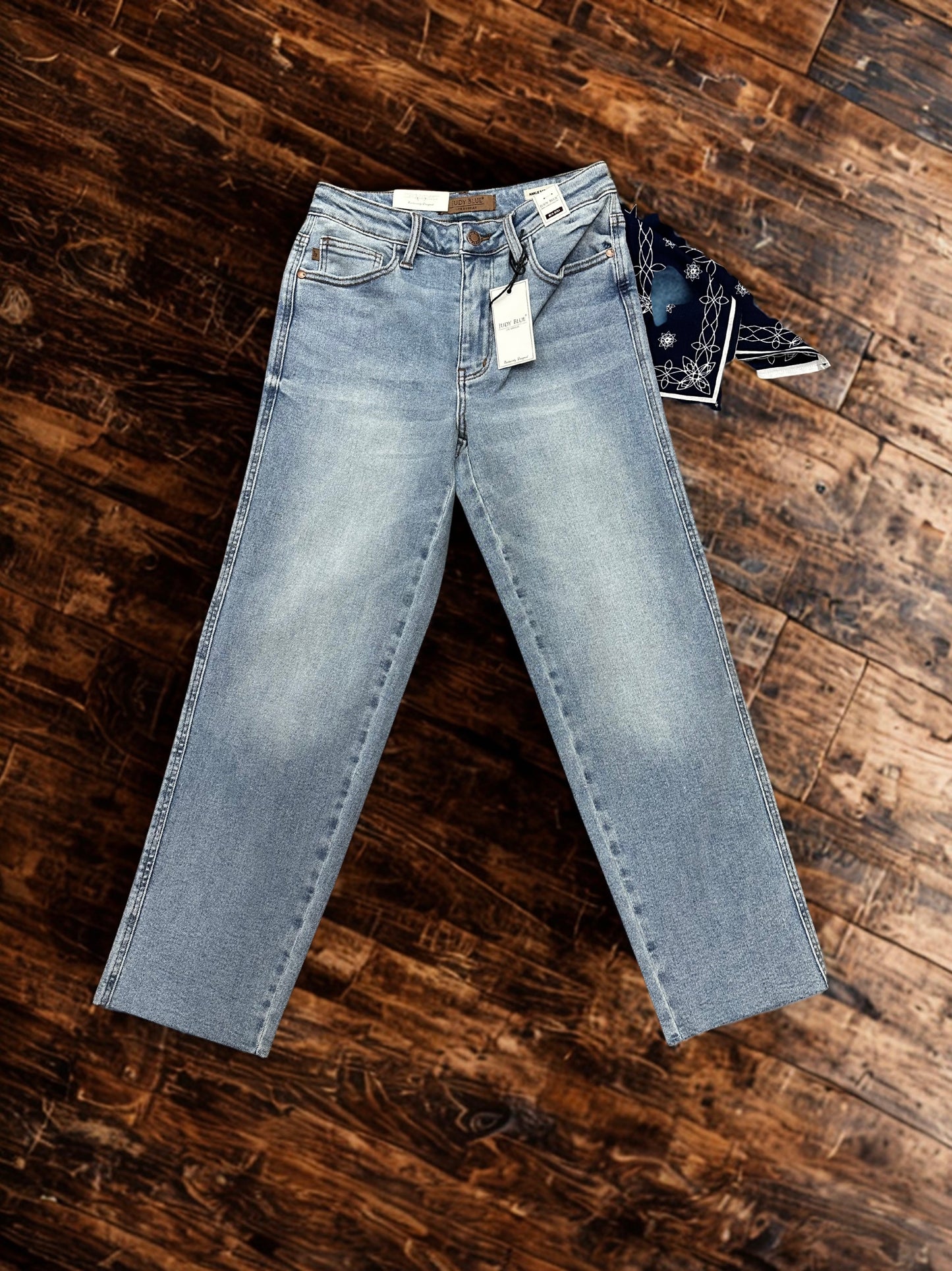 Judy Blue Mid Rise Light Wash Straight Leg Ankle Jeans with Bandana Loop
