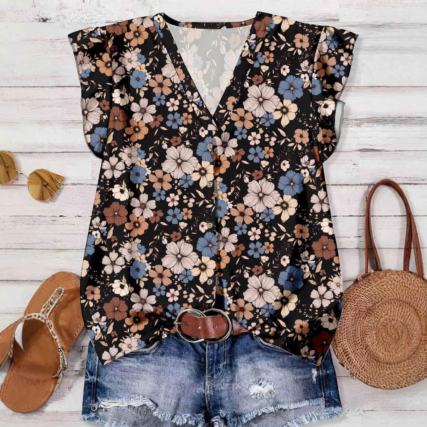 Flutter Sleeve Watercolor Floral  Print V-Neck Top