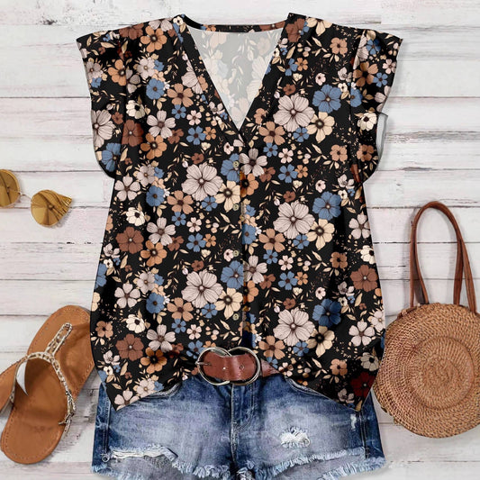 Flutter Sleeve Watercolor Floral  Print V-Neck Top