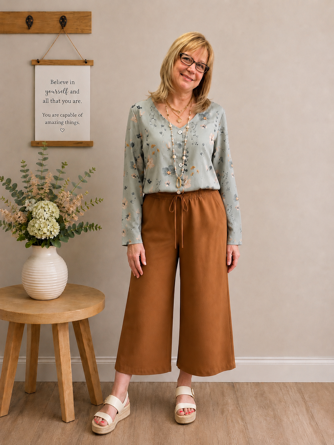 Long Sleeves Loose Buttoned Flower Print V-Neck Blouses