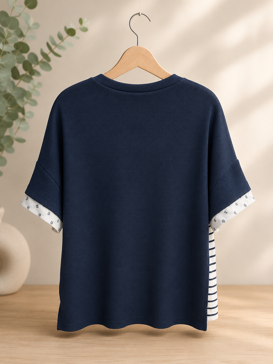 7th Ray Patchwork Contrast Trim Short Sleeve Top