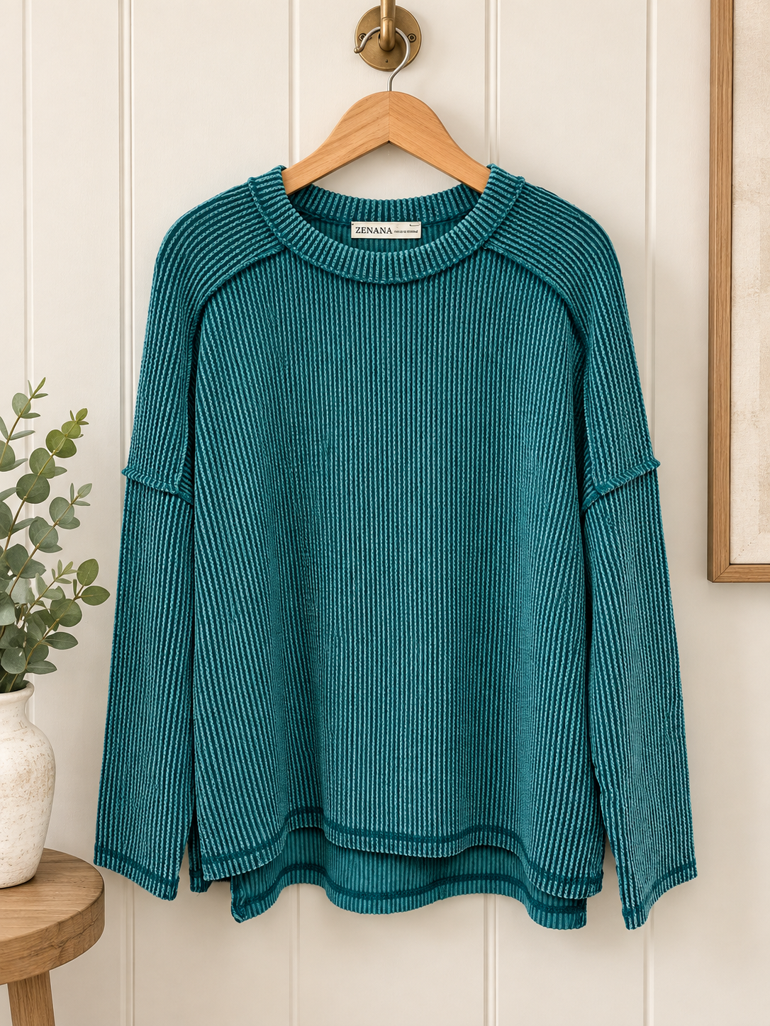 Zenana Long Sleeve Crew Neck Waffle Top