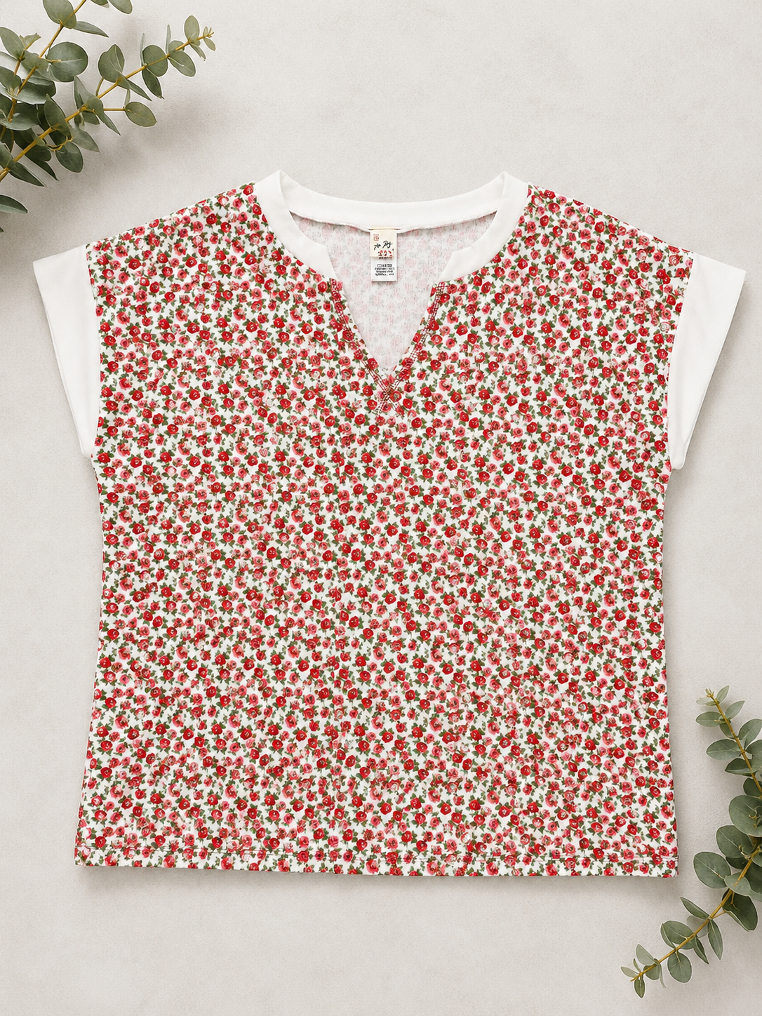 7th Ray Floral Split Neck Short Sleeve Top