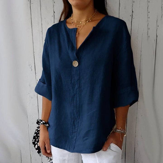 V-Neck Linen Button Loose Shirt