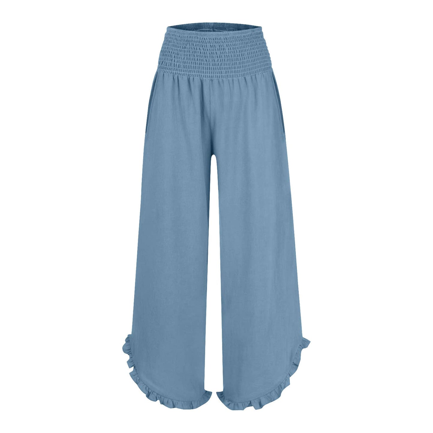 SMOCKED ELASTIC WAIST RUFFLED WIDE LEG PANTS