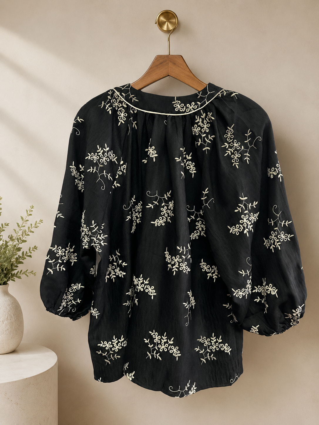 Heimish Black with White Embroidered Detail Top