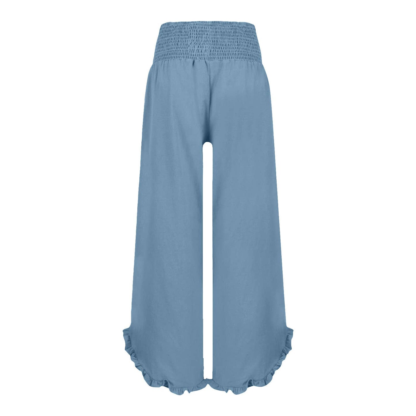 SMOCKED ELASTIC WAIST RUFFLED WIDE LEG PANTS