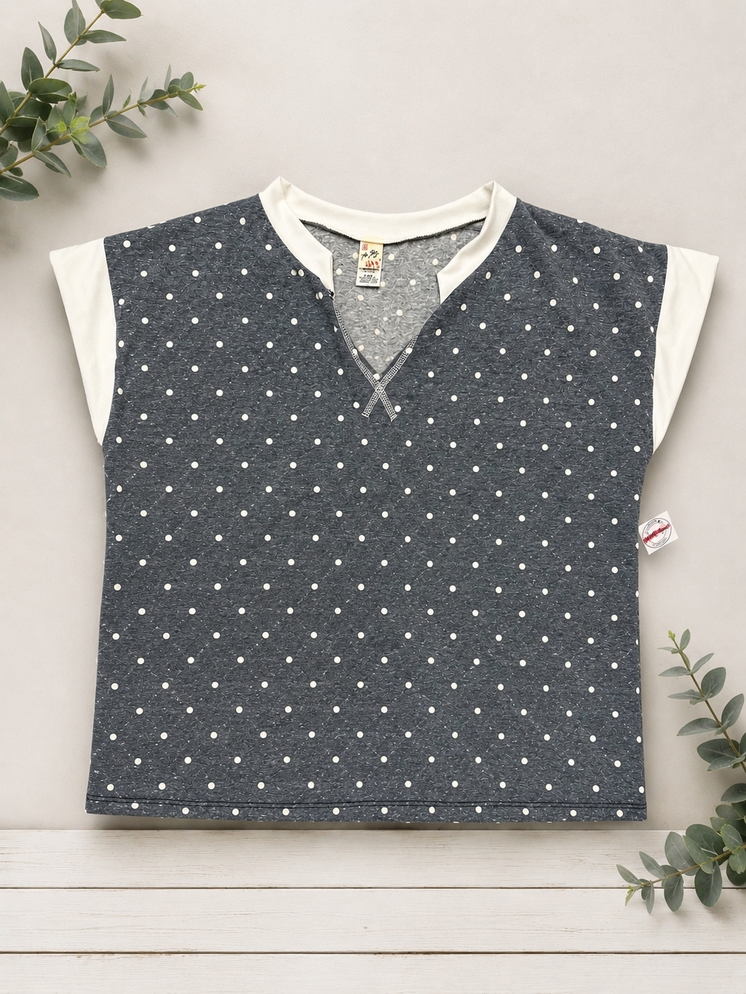 7th Ray Polka Dot Contrast Trim V Neck Short Sleeve Top