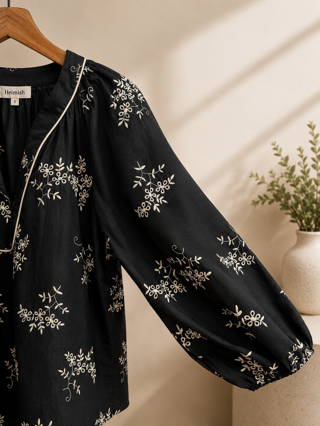 Heimish Black with White Embroidered Detail Top