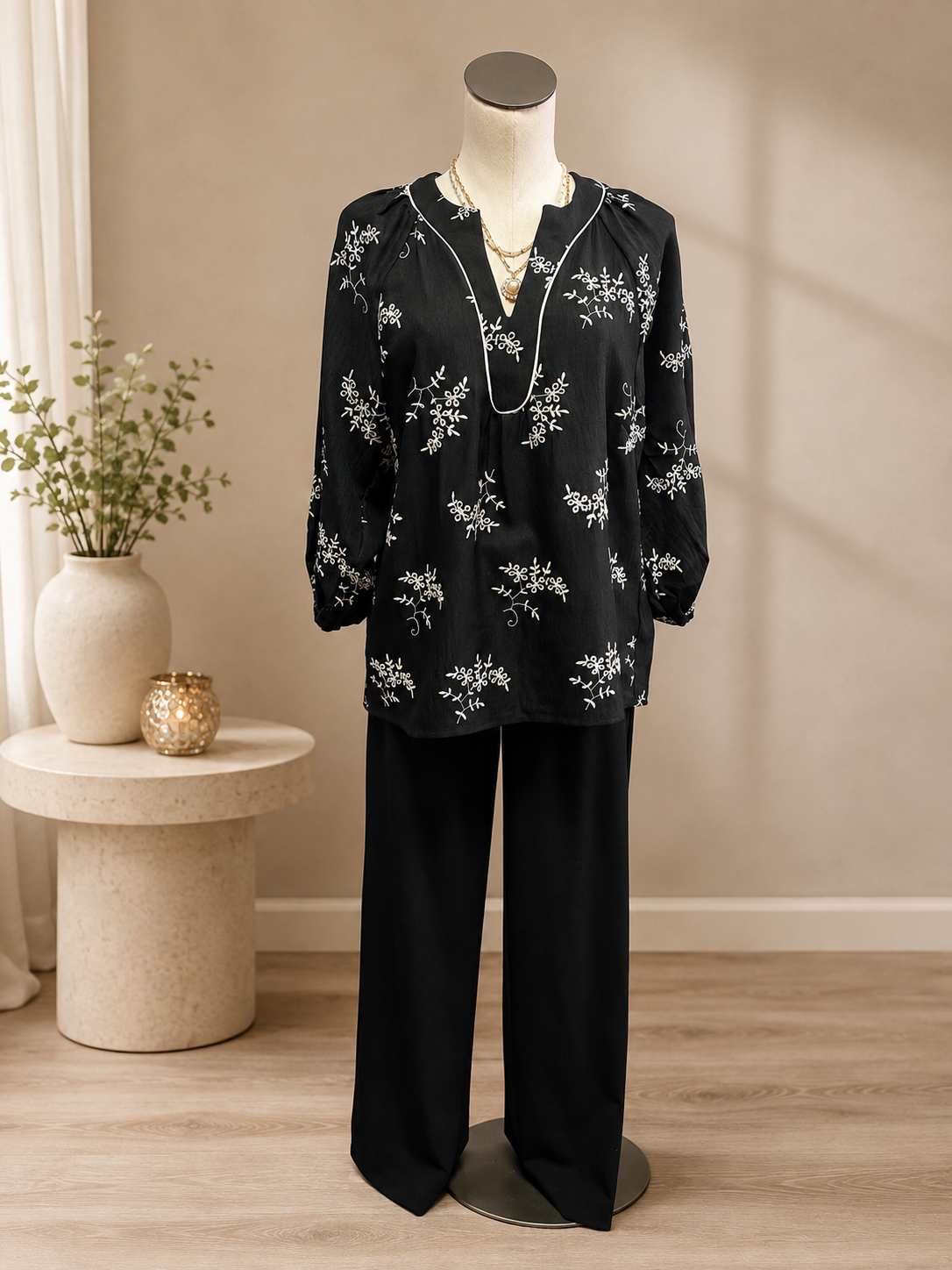 Heimish Black with White Embroidered Detail Top