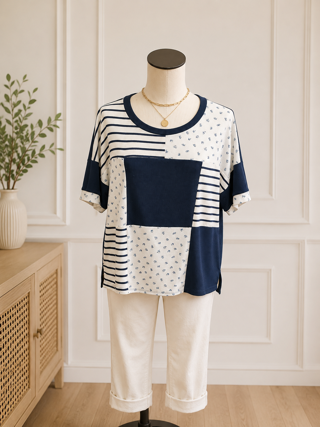 7th Ray Patchwork Contrast Trim Short Sleeve Top