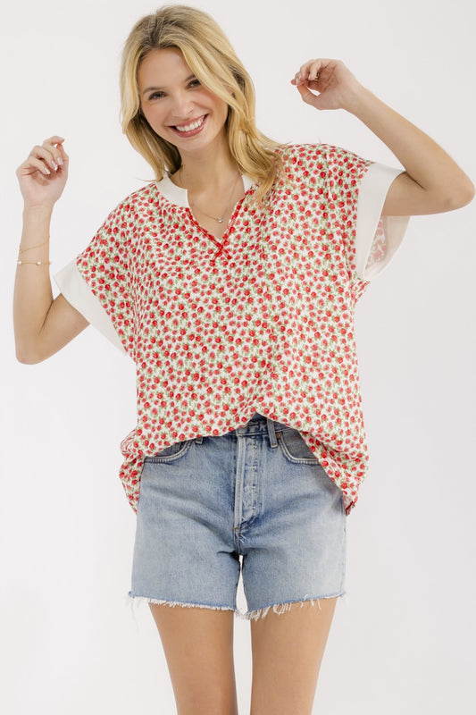 7th Ray Floral Split Neck Short Sleeve Top