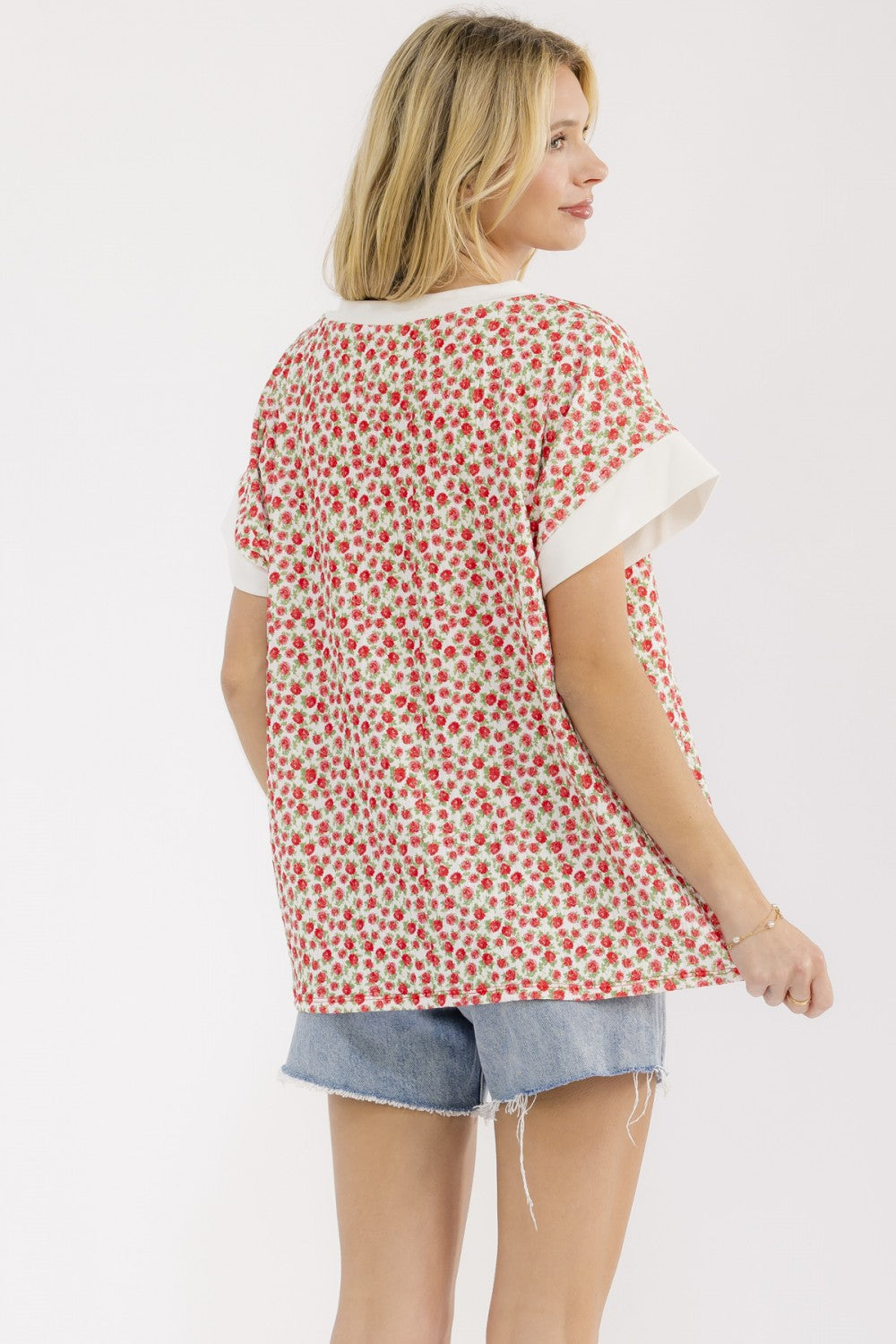 7th Ray Floral Split Neck Short Sleeve Top