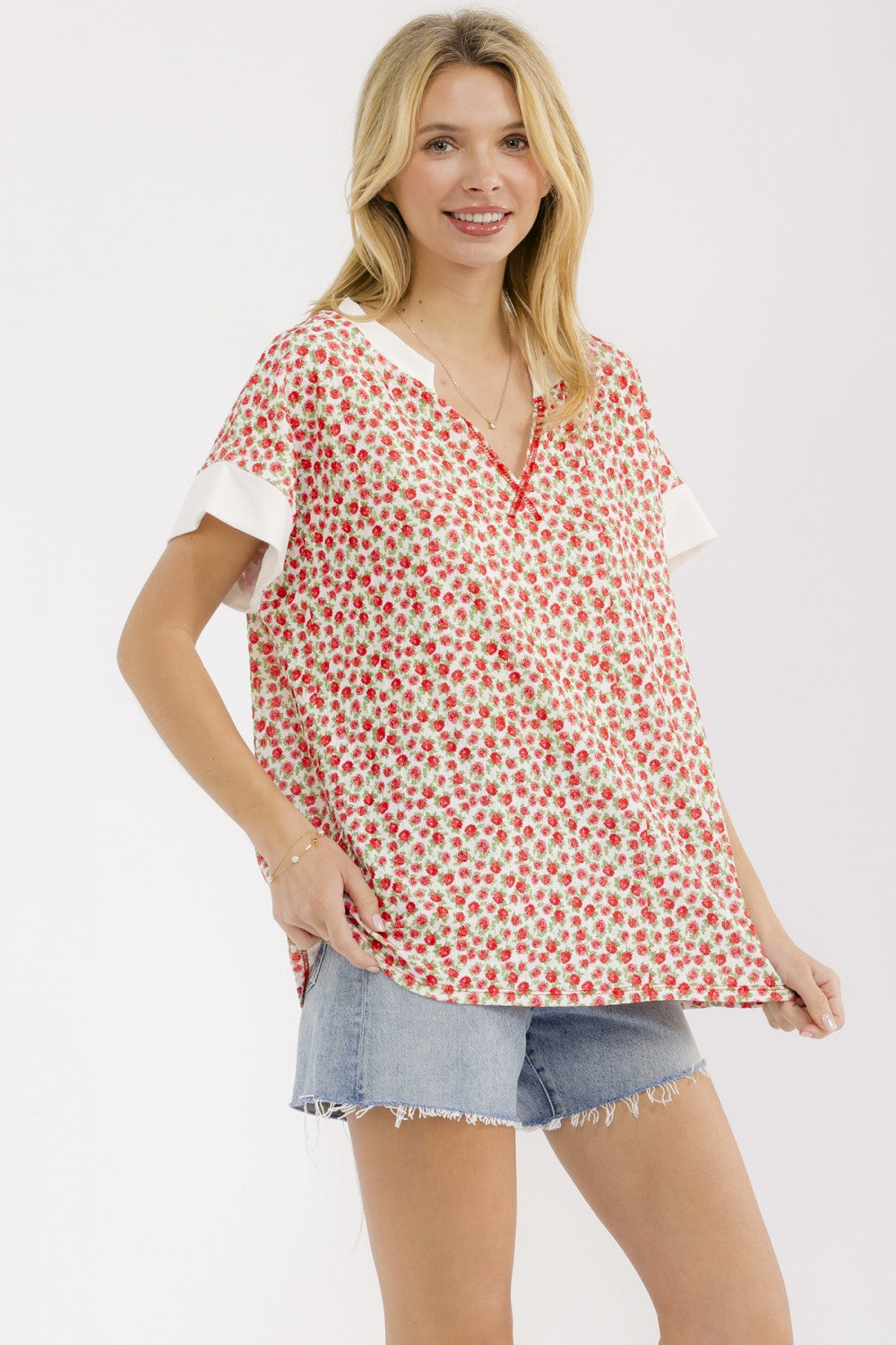 7th Ray Floral Split Neck Short Sleeve Top