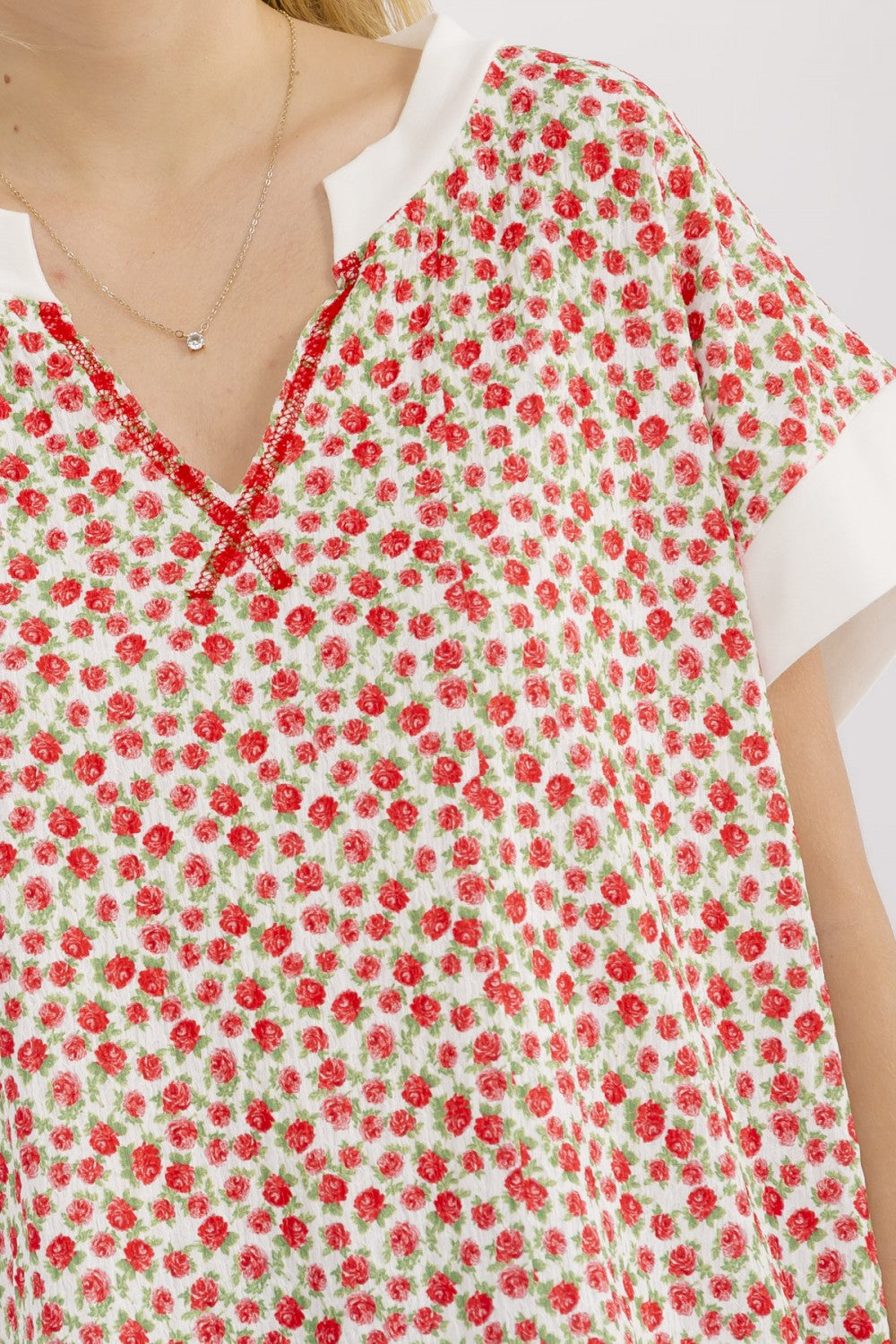 7th Ray Floral Split Neck Short Sleeve Top