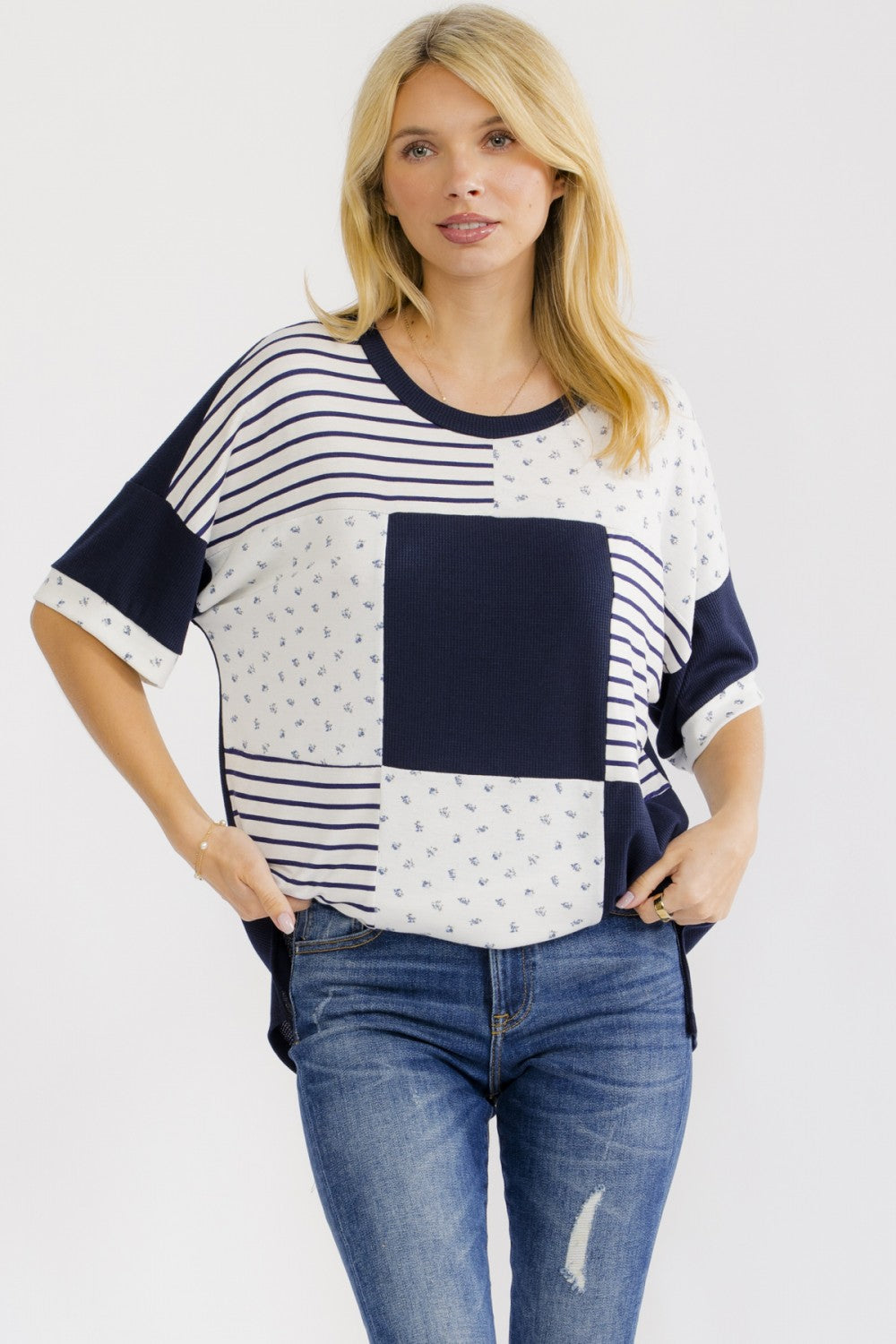 7th Ray Patchwork Contrast Trim Short Sleeve Top