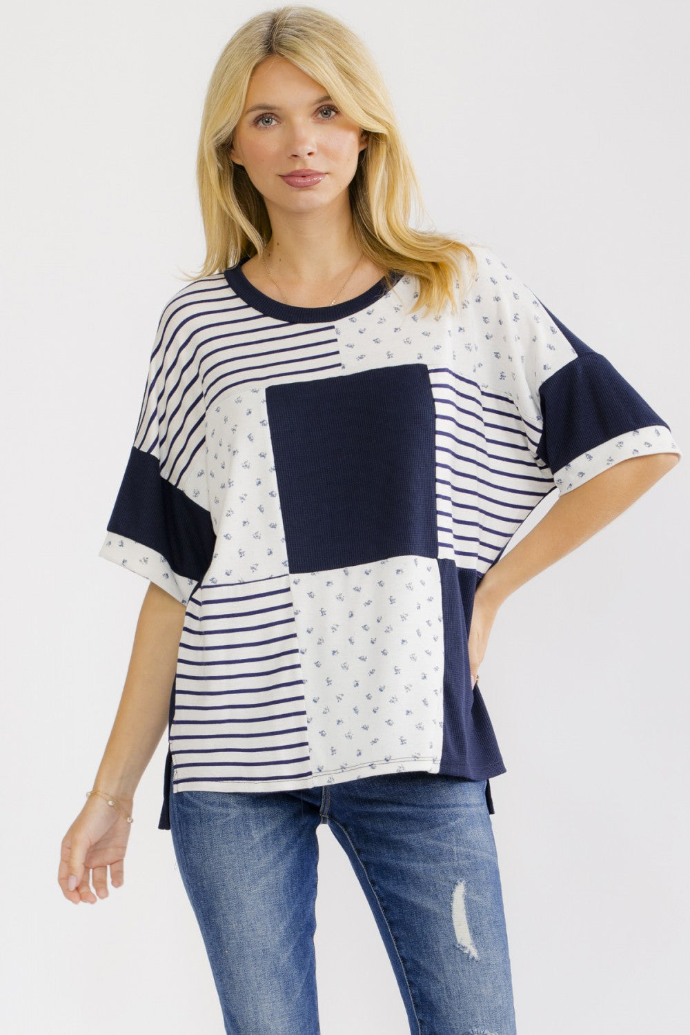 7th Ray Patchwork Contrast Trim Short Sleeve Top