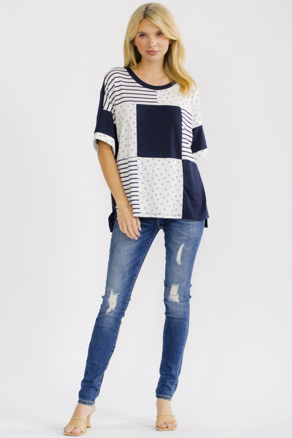 7th Ray Patchwork Contrast Trim Short Sleeve Top
