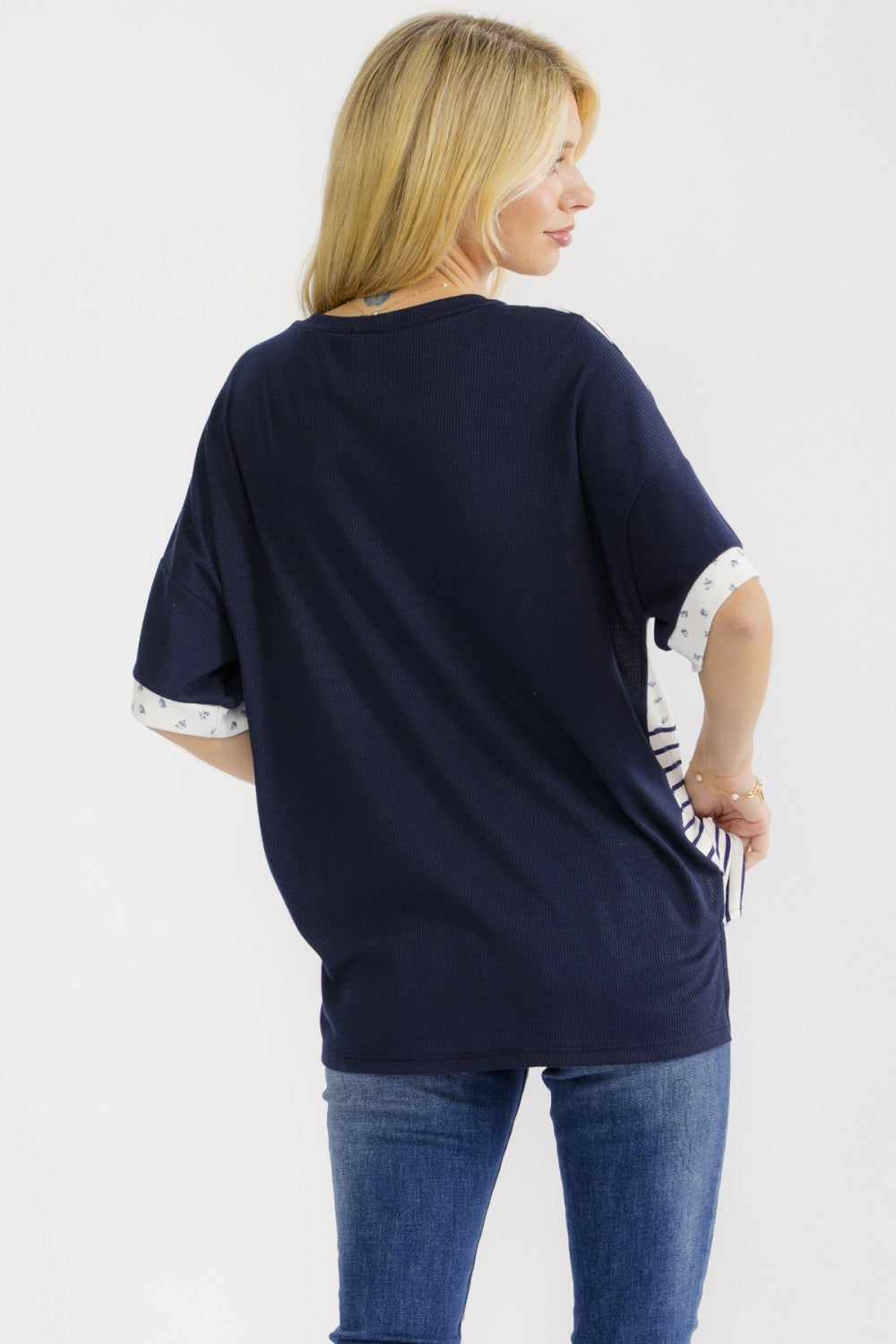 7th Ray Patchwork Contrast Trim Short Sleeve Top