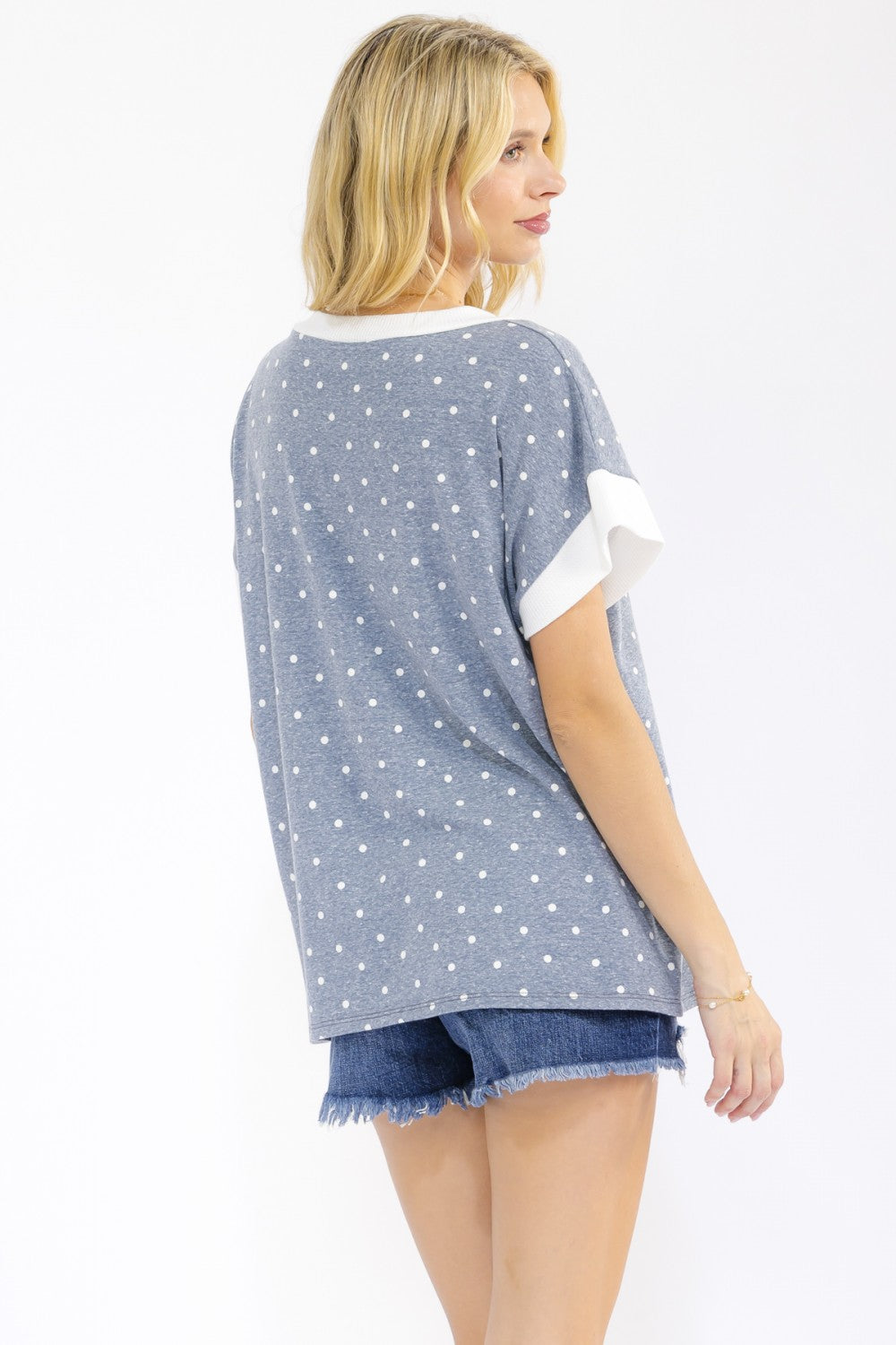 7th Ray Polka Dot Contrast Trim V Neck Short Sleeve Top