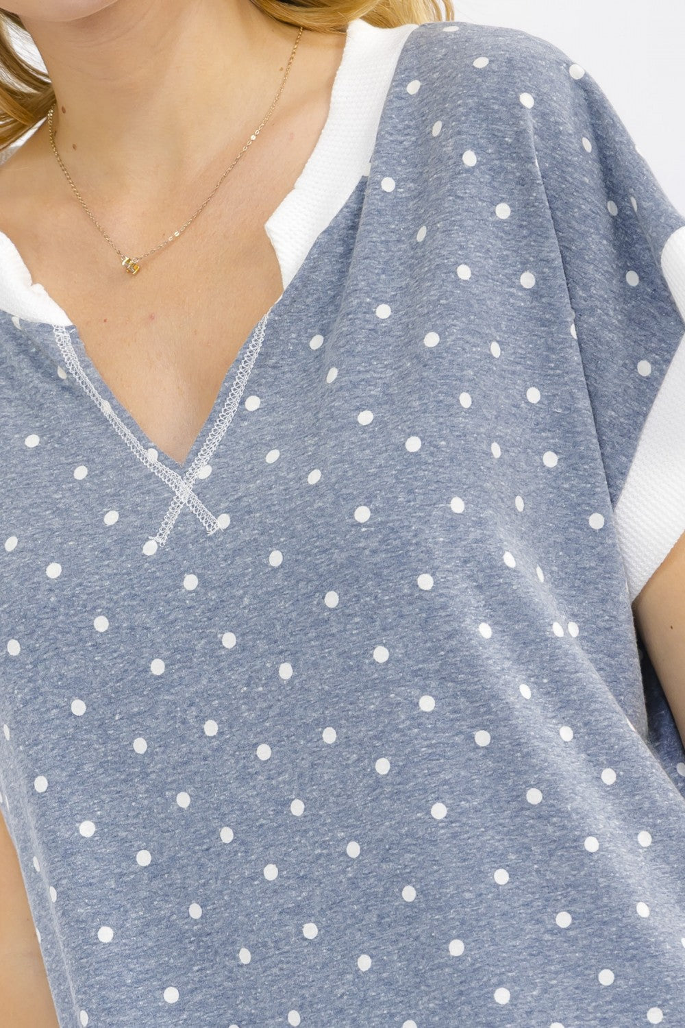 7th Ray Polka Dot Contrast Trim V Neck Short Sleeve Top