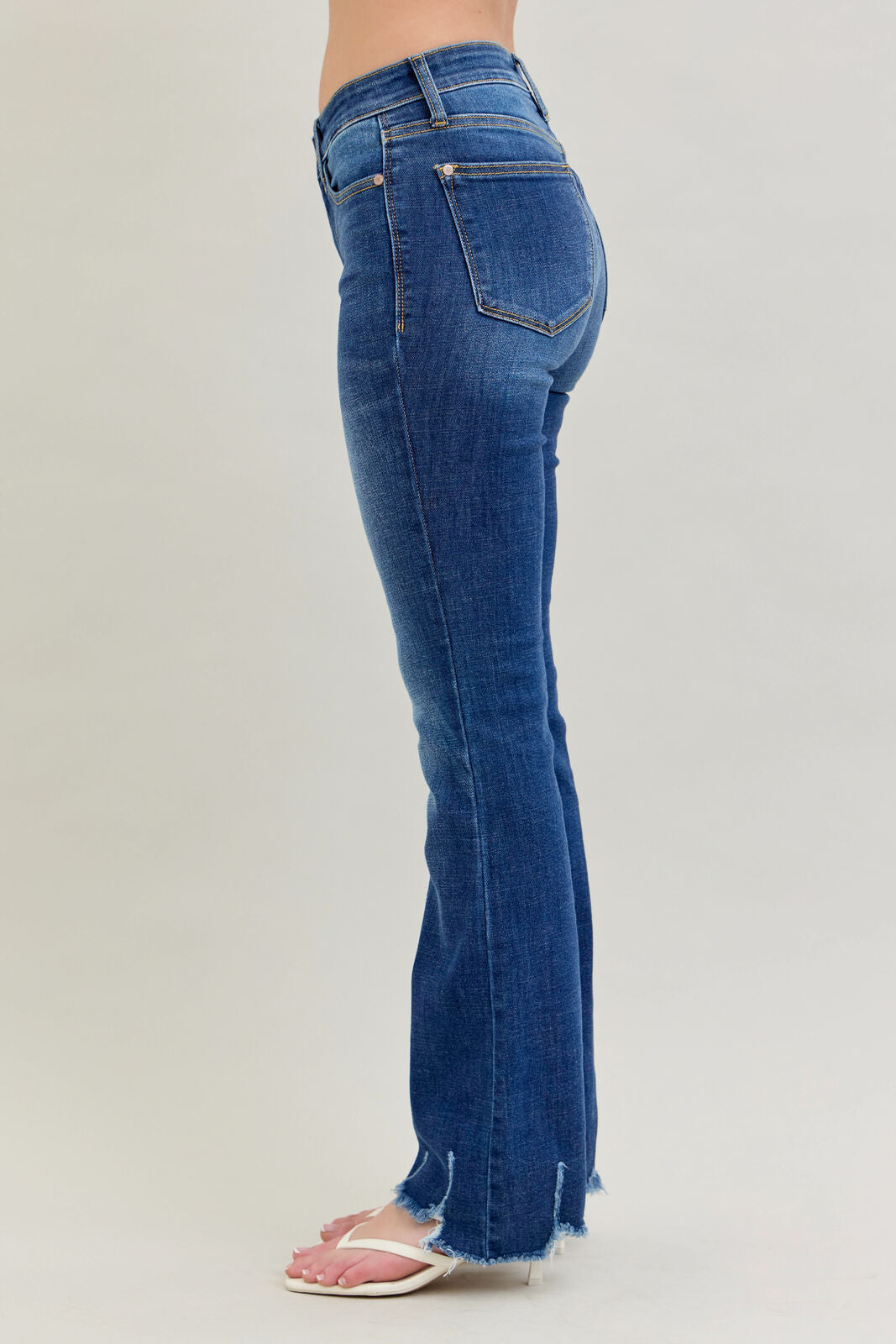 Judy Blue Mid Rise Distressed Hem Dark Wash Bootcut Jean