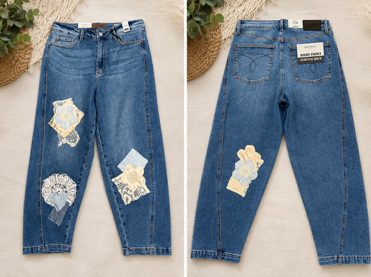 Judy Blue High Rise Medium Wash Rigid Magic Panel Embellished Barrel Jeans