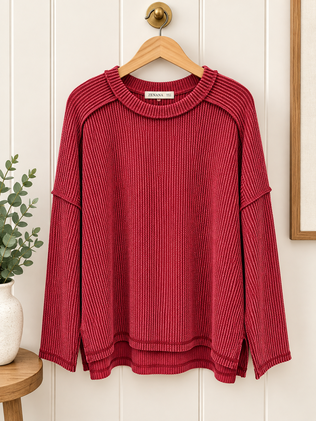 Zenana Long Sleeve Crew Neck Waffle Top