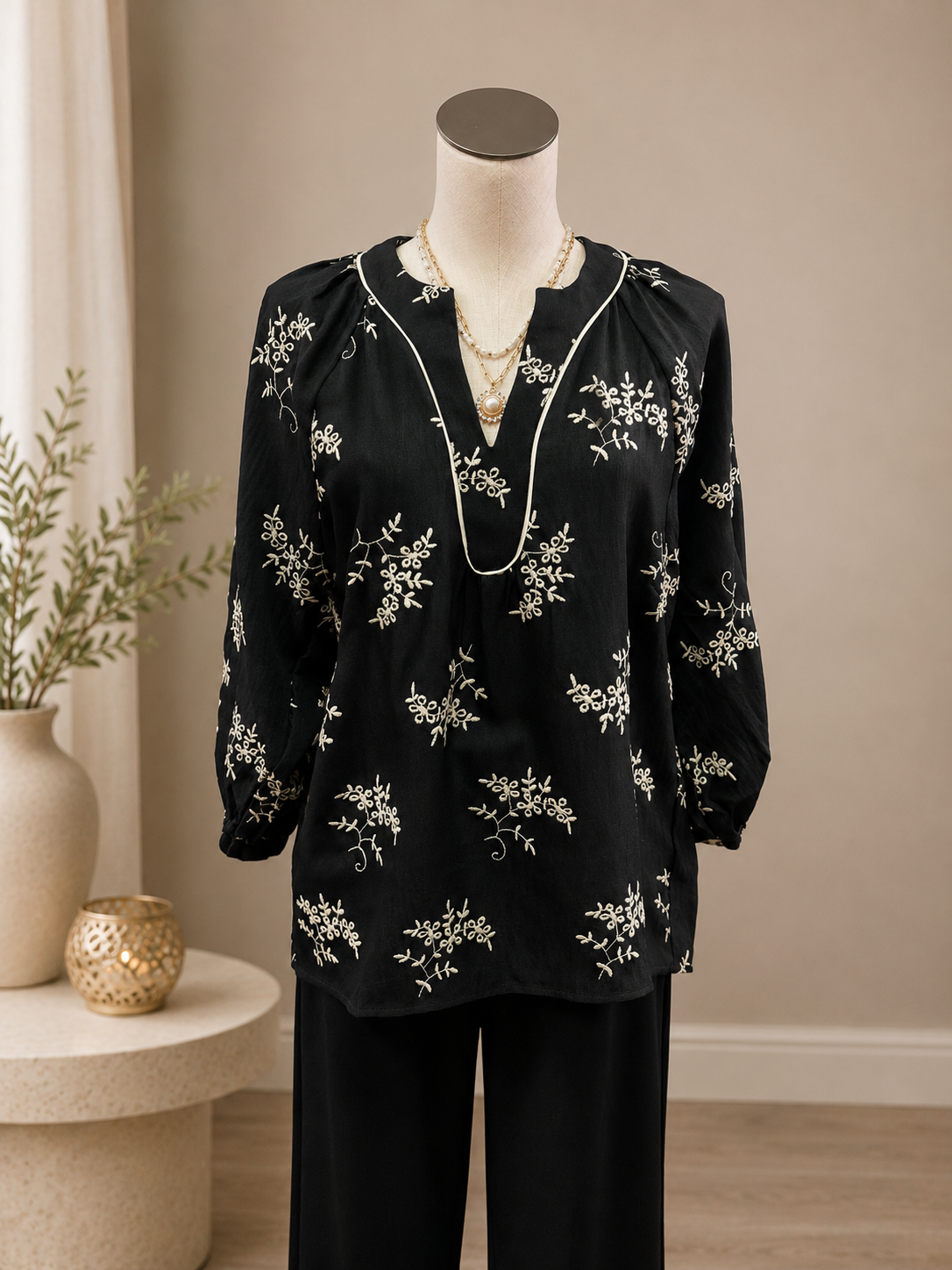 Heimish Black with White Embroidered Detail Top
