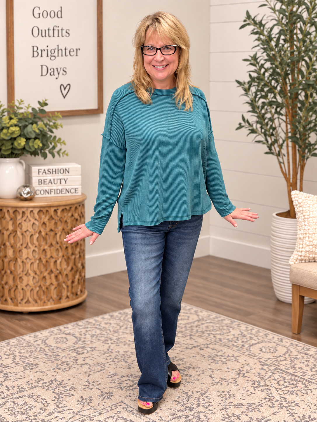 Zenana Long Sleeve Crew Neck Waffle Top