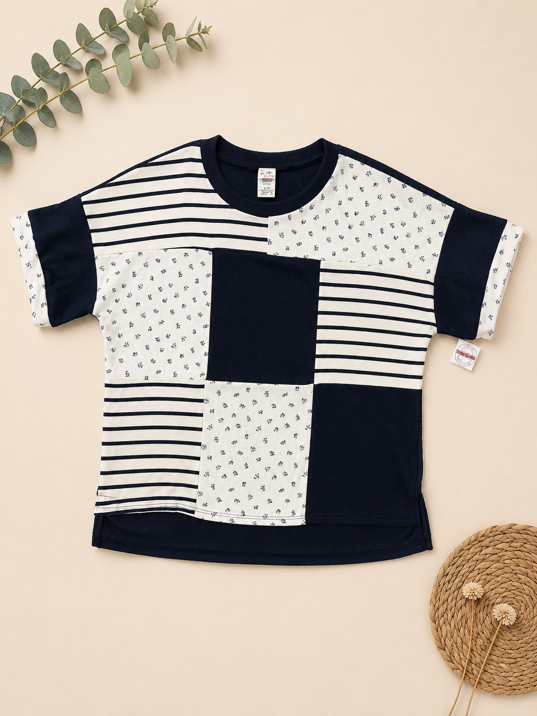 7th Ray Patchwork Contrast Trim Short Sleeve Top