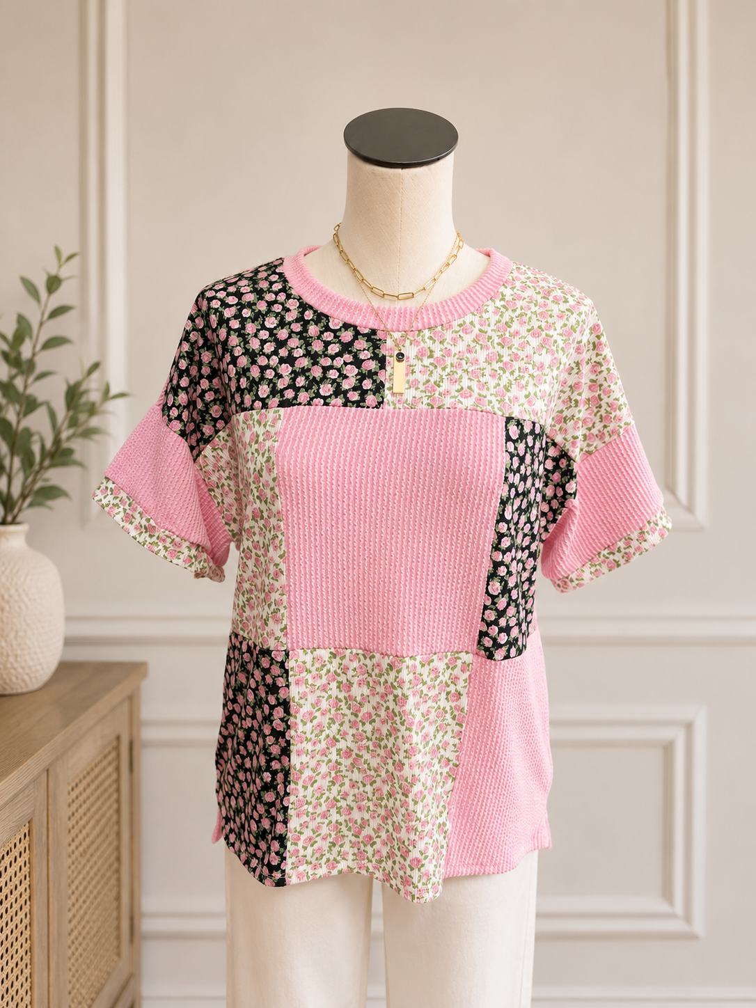 7th Ray Floral Patchwork Short Sleeve Top