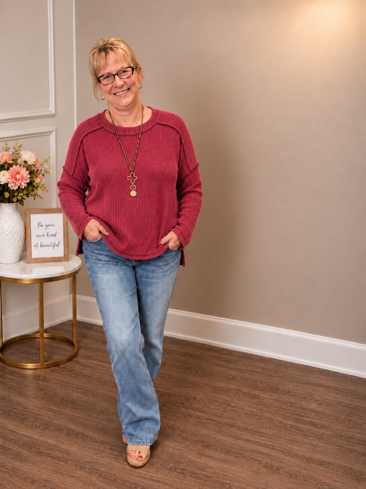 Zenana Long Sleeve Crew Neck Waffle Top