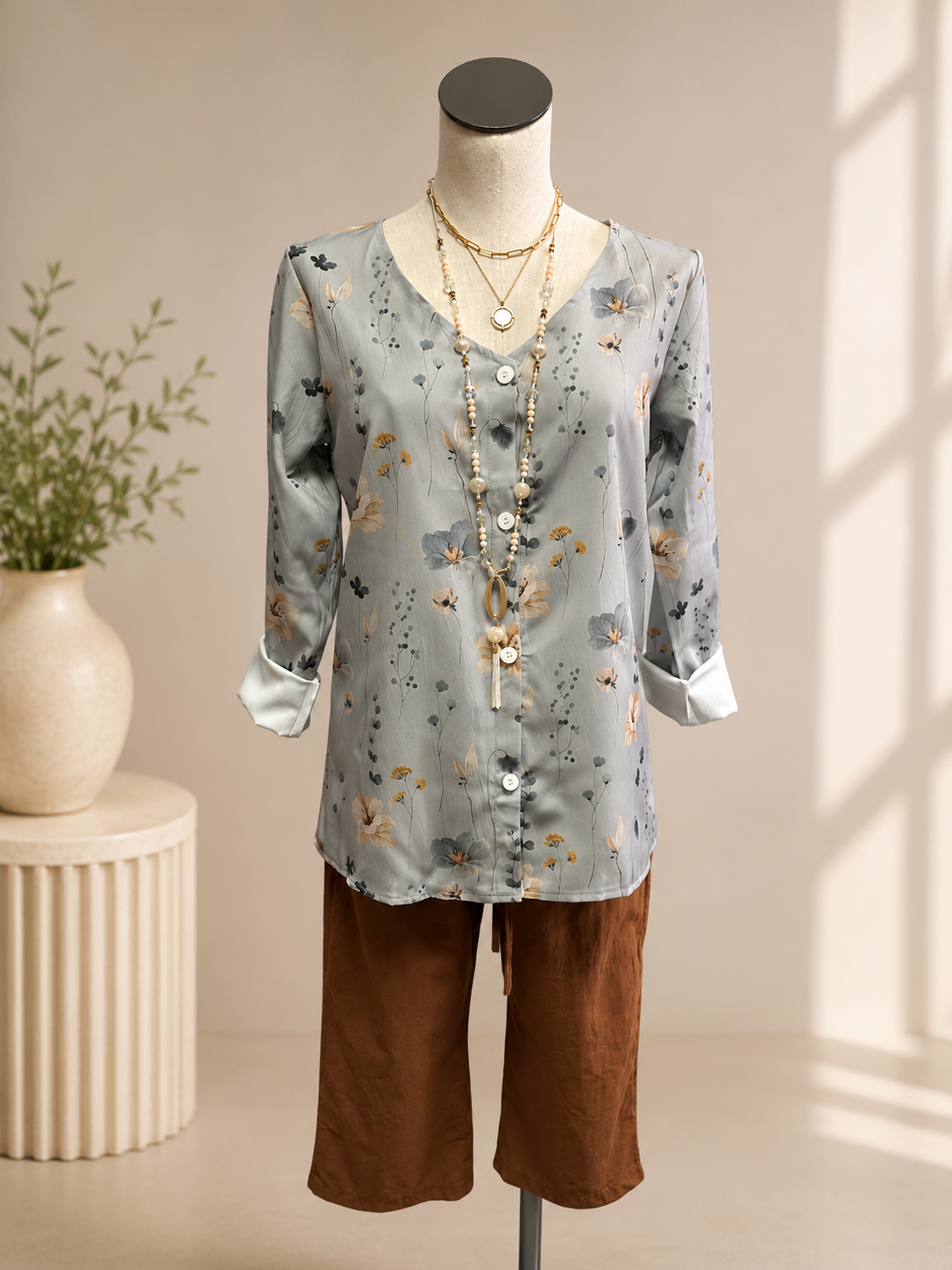Long Sleeves Loose Buttoned Flower Print V-Neck Blouses