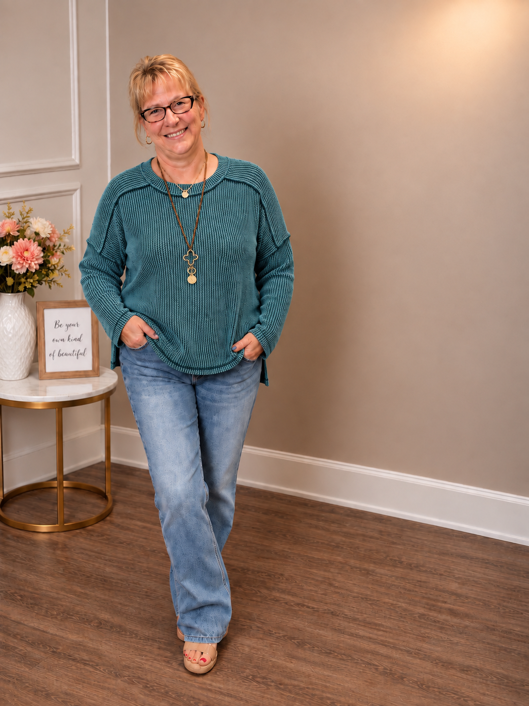 Zenana Long Sleeve Crew Neck Waffle Top