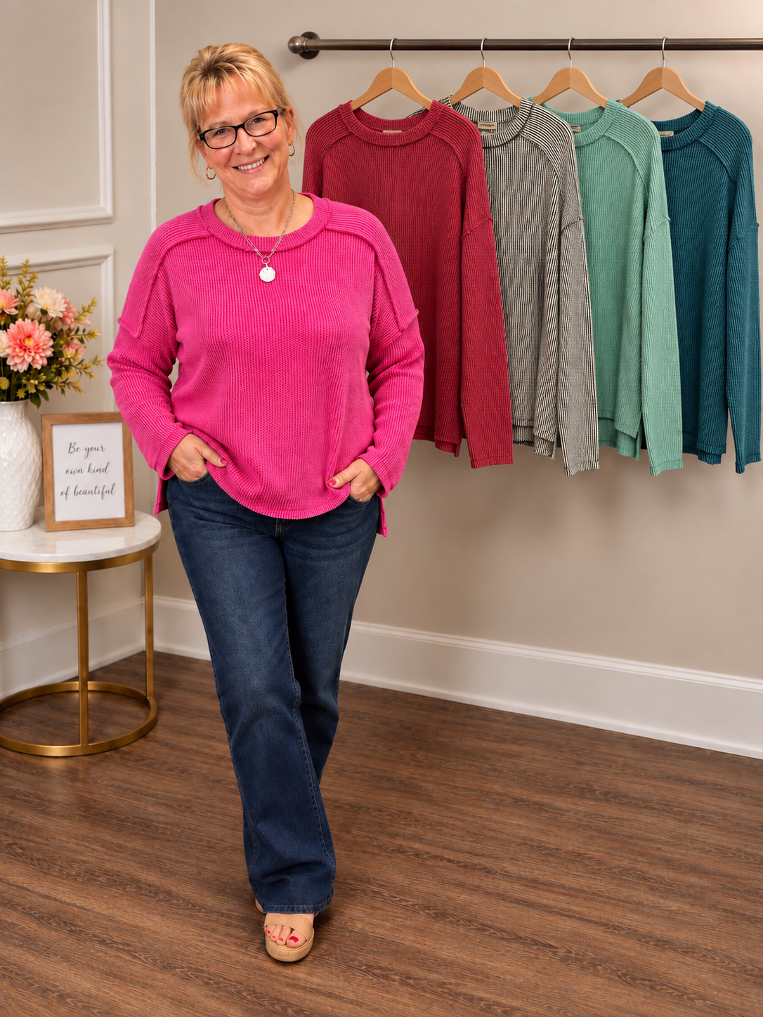 Zenana Long Sleeve Crew Neck Waffle Top