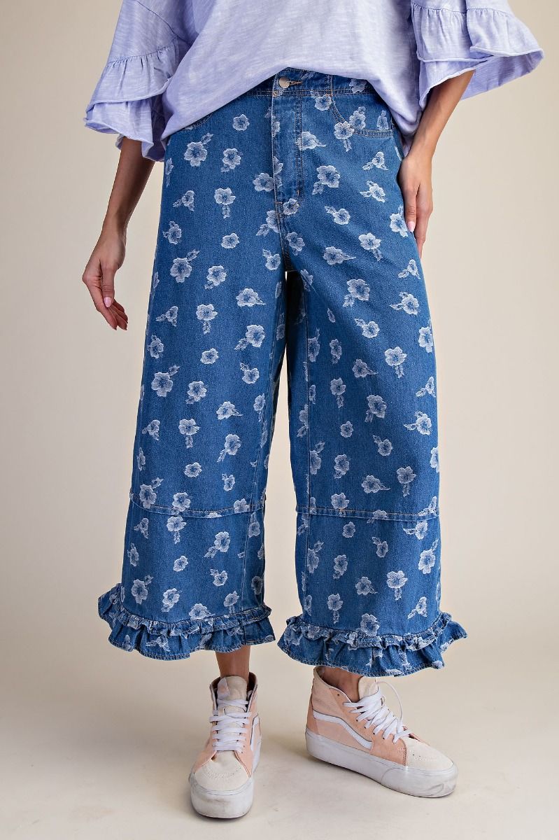 Denim Flower Ruffle Pants