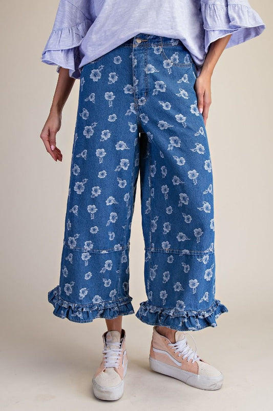 Denim Flower Ruffle Pants