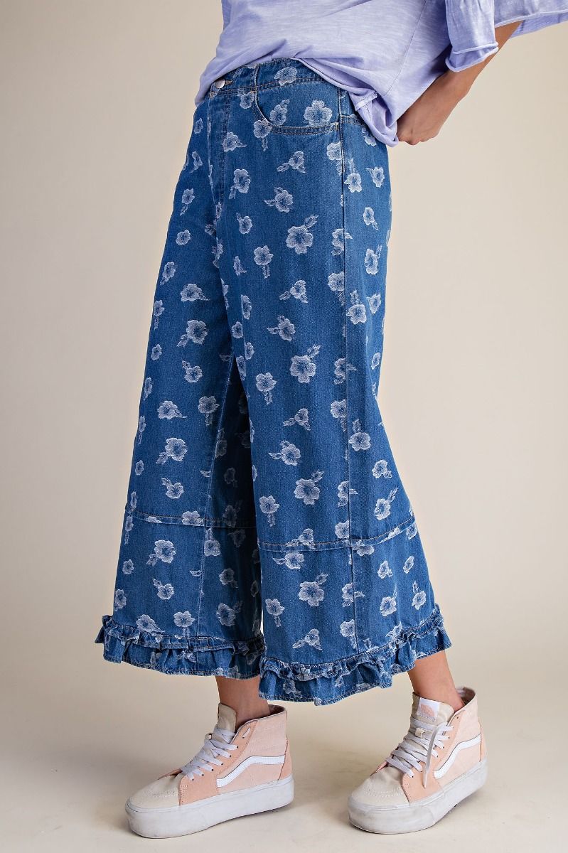 Denim Flower Ruffle Pants