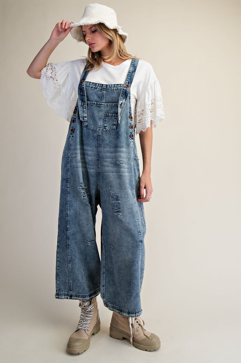 Easel Vintage Denim Loose Fit Overalls