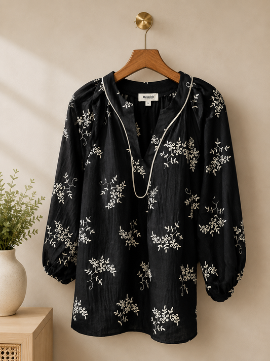Heimish Black with White Embroidered Detail Top