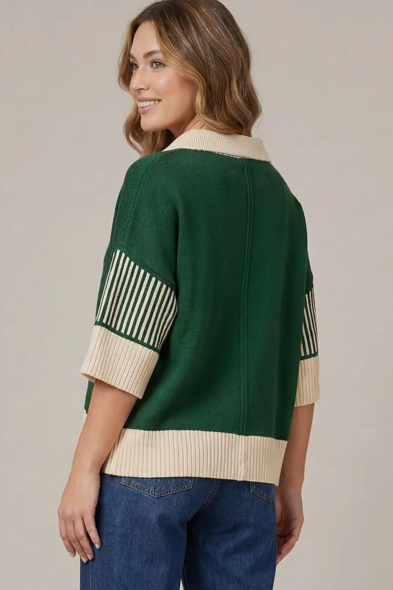 Blocked Striped Half Sleeve Sweater in Green